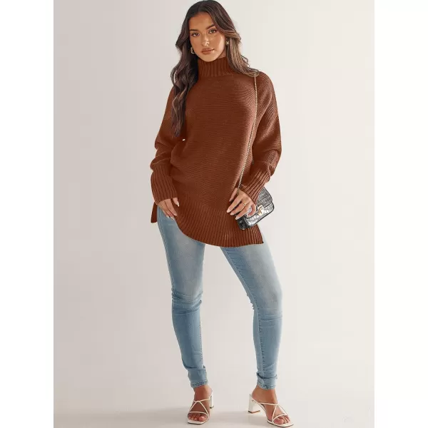 imageANRABESS Womens Turtleneck Sweaters Oversized Long Sleeve Split Hem Chunky Knit Casual Pullover Sweater Tops JumperBrown