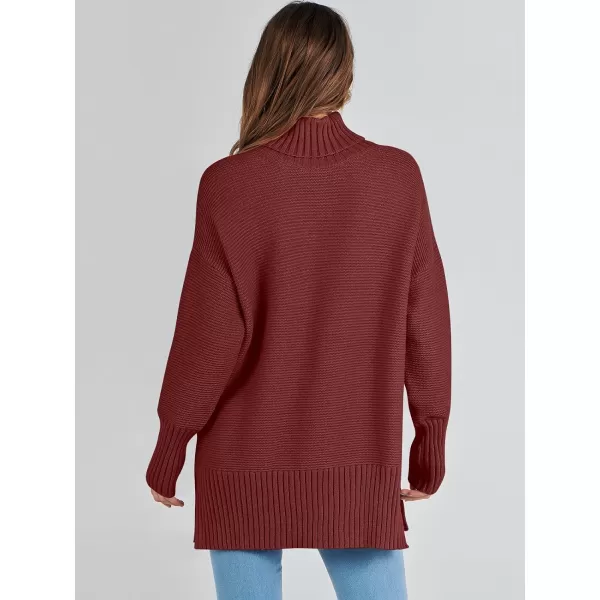 imageANRABESS Womens Turtleneck Sweaters Oversized Long Sleeve Split Hem Chunky Knit Casual Pullover Sweater Tops JumperBurgundy