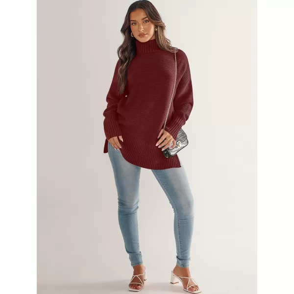 imageANRABESS Womens Turtleneck Sweaters Oversized Long Sleeve Split Hem Chunky Knit Casual Pullover Sweater Tops JumperBurgundy