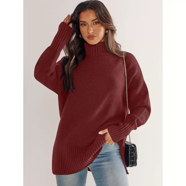 imageANRABESS Womens Turtleneck Sweaters Oversized Long Sleeve Split Hem Chunky Knit Casual Pullover Sweater Tops JumperBurgundy
