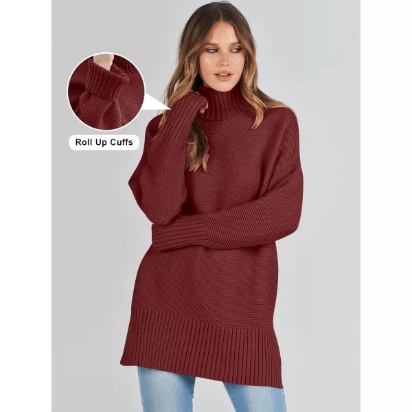 imageANRABESS Womens Turtleneck Sweaters Oversized Long Sleeve Split Hem Chunky Knit Casual Pullover Sweater Tops JumperBurgundy