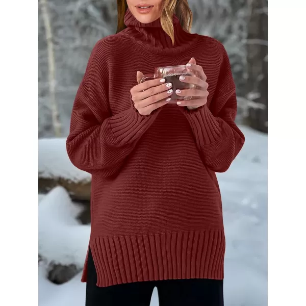 imageANRABESS Womens Turtleneck Sweaters Oversized Long Sleeve Split Hem Chunky Knit Casual Pullover Sweater Tops JumperBurgundy