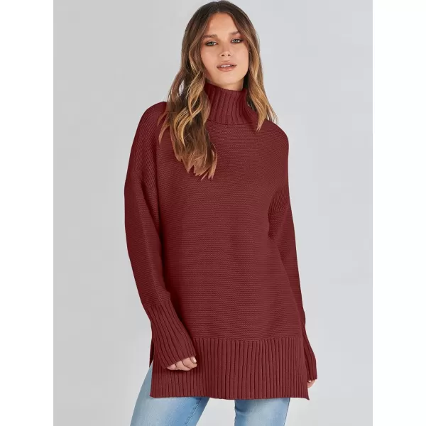 imageANRABESS Womens Turtleneck Sweaters Oversized Long Sleeve Split Hem Chunky Knit Casual Pullover Sweater Tops JumperBurgundy