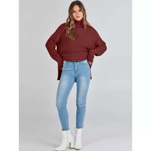 imageANRABESS Womens Turtleneck Sweaters Oversized Long Sleeve Split Hem Chunky Knit Casual Pullover Sweater Tops JumperBurgundy