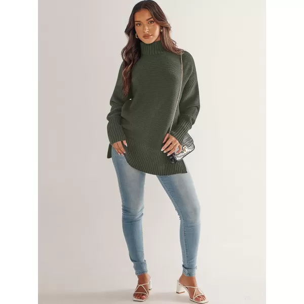 imageANRABESS Womens Turtleneck Sweaters Oversized Long Sleeve Split Hem Chunky Knit Casual Pullover Sweater Tops JumperGreen