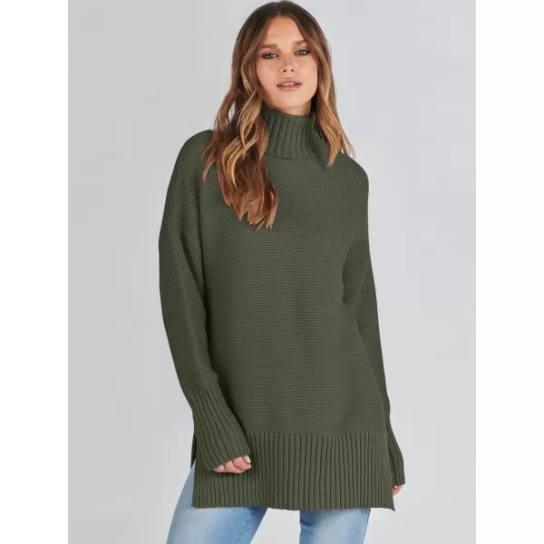 imageANRABESS Womens Turtleneck Sweaters Oversized Long Sleeve Split Hem Chunky Knit Casual Pullover Sweater Tops JumperGreen