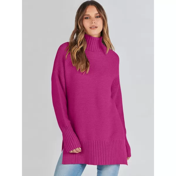 imageANRABESS Womens Turtleneck Sweaters Oversized Long Sleeve Split Hem Chunky Knit Casual Pullover Sweater Tops JumperHot Pink