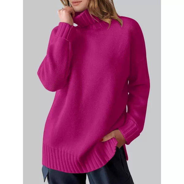 imageANRABESS Womens Turtleneck Sweaters Oversized Long Sleeve Split Hem Chunky Knit Casual Pullover Sweater Tops JumperHot Pink