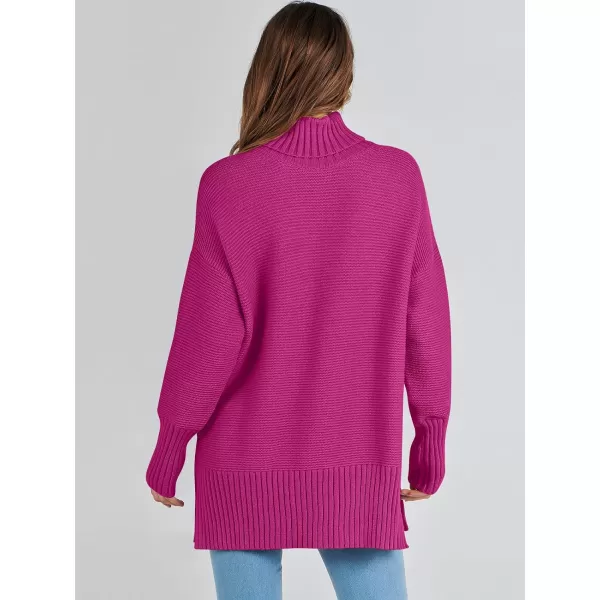 imageANRABESS Womens Turtleneck Sweaters Oversized Long Sleeve Split Hem Chunky Knit Casual Pullover Sweater Tops JumperHot Pink