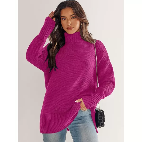imageANRABESS Womens Turtleneck Sweaters Oversized Long Sleeve Split Hem Chunky Knit Casual Pullover Sweater Tops JumperHot Pink