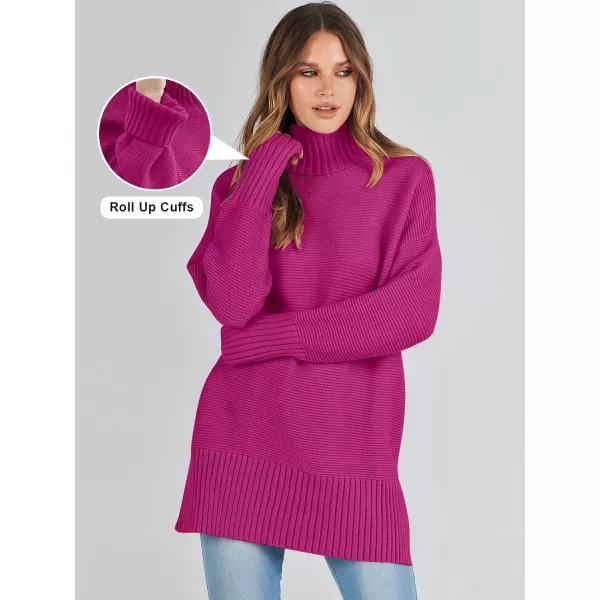 imageANRABESS Womens Turtleneck Sweaters Oversized Long Sleeve Split Hem Chunky Knit Casual Pullover Sweater Tops JumperHot Pink
