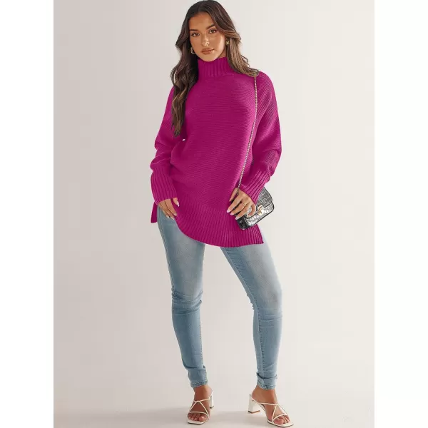 imageANRABESS Womens Turtleneck Sweaters Oversized Long Sleeve Split Hem Chunky Knit Casual Pullover Sweater Tops JumperHot Pink