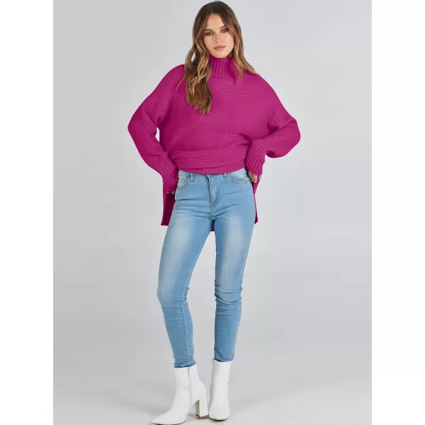 imageANRABESS Womens Turtleneck Sweaters Oversized Long Sleeve Split Hem Chunky Knit Casual Pullover Sweater Tops JumperHot Pink