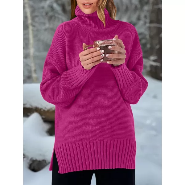 imageANRABESS Womens Turtleneck Sweaters Oversized Long Sleeve Split Hem Chunky Knit Casual Pullover Sweater Tops JumperHot Pink