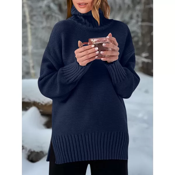 imageANRABESS Womens Turtleneck Sweaters Oversized Long Sleeve Split Hem Chunky Knit Casual Pullover Sweater Tops JumperNavy Blue