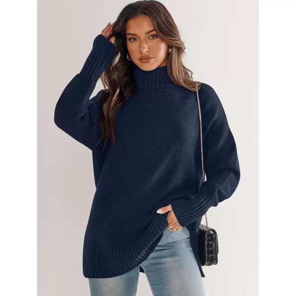 imageANRABESS Womens Turtleneck Sweaters Oversized Long Sleeve Split Hem Chunky Knit Casual Pullover Sweater Tops JumperNavy Blue