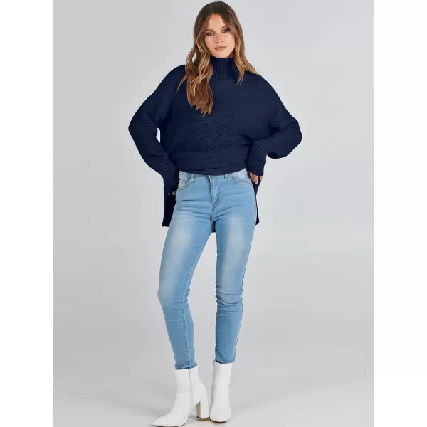 imageANRABESS Womens Turtleneck Sweaters Oversized Long Sleeve Split Hem Chunky Knit Casual Pullover Sweater Tops JumperNavy Blue