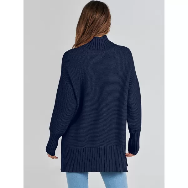 imageANRABESS Womens Turtleneck Sweaters Oversized Long Sleeve Split Hem Chunky Knit Casual Pullover Sweater Tops JumperNavy Blue