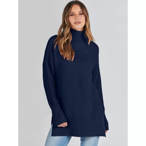 imageANRABESS Womens Turtleneck Sweaters Oversized Long Sleeve Split Hem Chunky Knit Casual Pullover Sweater Tops JumperNavy Blue