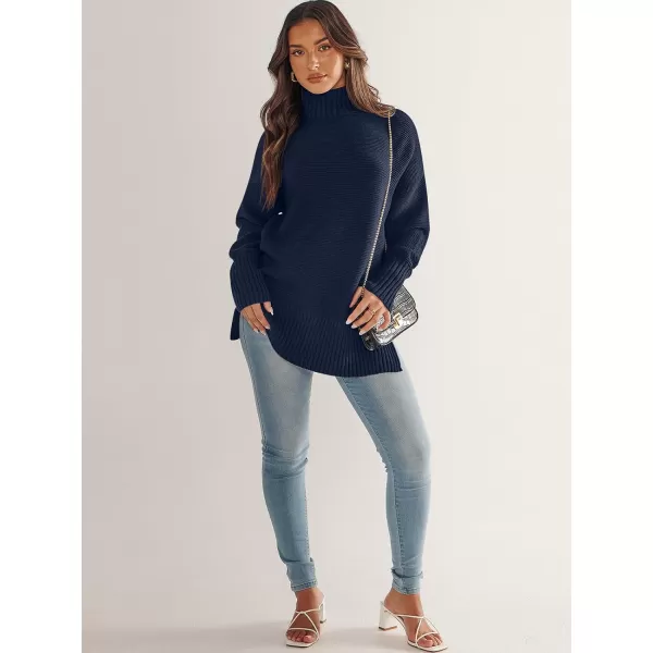 imageANRABESS Womens Turtleneck Sweaters Oversized Long Sleeve Split Hem Chunky Knit Casual Pullover Sweater Tops JumperNavy Blue