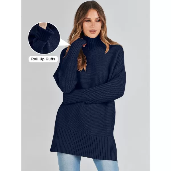 imageANRABESS Womens Turtleneck Sweaters Oversized Long Sleeve Split Hem Chunky Knit Casual Pullover Sweater Tops JumperNavy Blue
