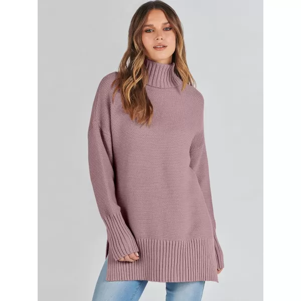 imageANRABESS Womens Turtleneck Sweaters Oversized Long Sleeve Split Hem Chunky Knit Casual Pullover Sweater Tops JumperNutmeg