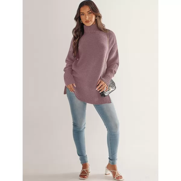 imageANRABESS Womens Turtleneck Sweaters Oversized Long Sleeve Split Hem Chunky Knit Casual Pullover Sweater Tops JumperNutmeg