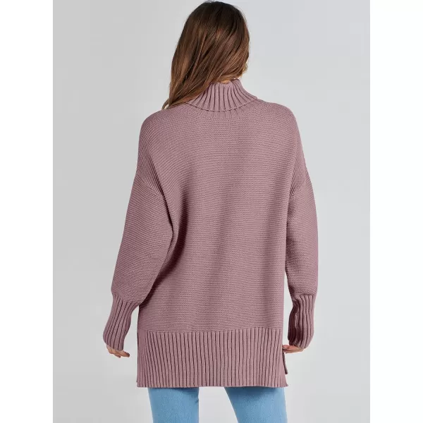 imageANRABESS Womens Turtleneck Sweaters Oversized Long Sleeve Split Hem Chunky Knit Casual Pullover Sweater Tops JumperNutmeg