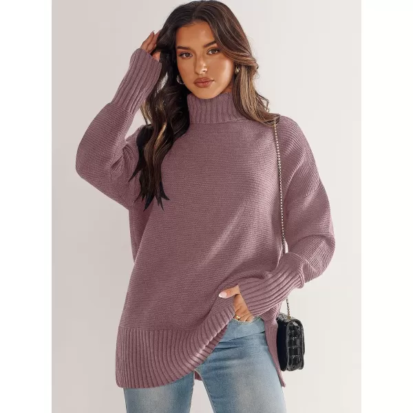 imageANRABESS Womens Turtleneck Sweaters Oversized Long Sleeve Split Hem Chunky Knit Casual Pullover Sweater Tops JumperNutmeg