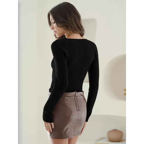 imageANRABESS Womens Twist Cutout V Neck Ribbed Knit Sweater Long Sleeve Soft Slim Fit Pullover Tops01black