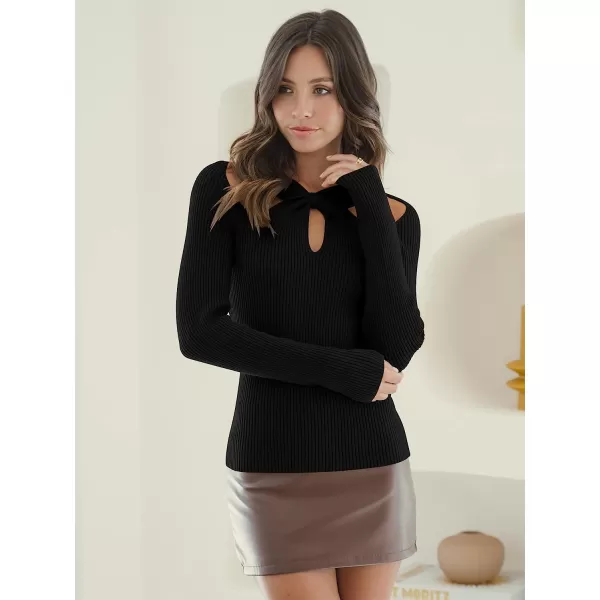 imageANRABESS Womens Twist Cutout V Neck Ribbed Knit Sweater Long Sleeve Soft Slim Fit Pullover Tops01black