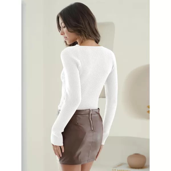 imageANRABESS Womens Twist Cutout V Neck Ribbed Knit Sweater Long Sleeve Soft Slim Fit Pullover Tops02white