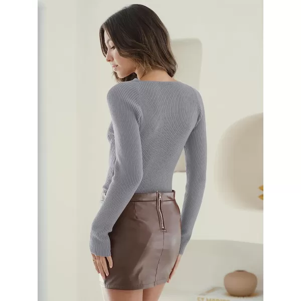 imageANRABESS Womens Twist Cutout V Neck Ribbed Knit Sweater Long Sleeve Soft Slim Fit Pullover Tops03gray