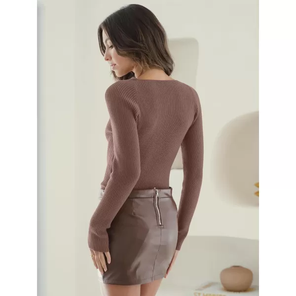 imageANRABESS Womens Twist Cutout V Neck Ribbed Knit Sweater Long Sleeve Soft Slim Fit Pullover Tops04nutmeg