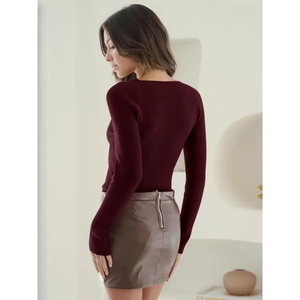 imageANRABESS Womens Twist Cutout V Neck Ribbed Knit Sweater Long Sleeve Soft Slim Fit Pullover Tops05wine Red