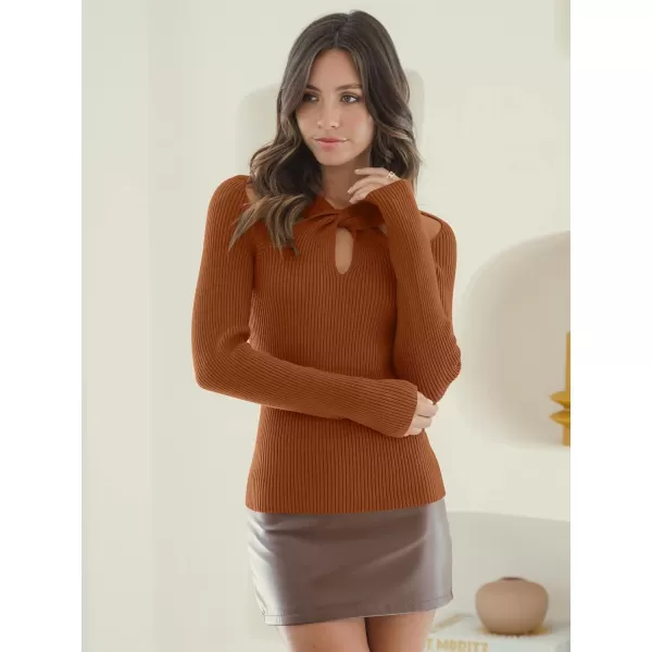 imageANRABESS Womens Twist Cutout V Neck Ribbed Knit Sweater Long Sleeve Soft Slim Fit Pullover Tops06caramel