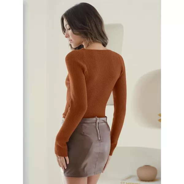 imageANRABESS Womens Twist Cutout V Neck Ribbed Knit Sweater Long Sleeve Soft Slim Fit Pullover Tops06caramel