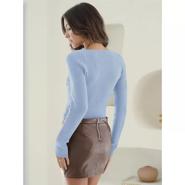 imageANRABESS Womens Twist Cutout V Neck Ribbed Knit Sweater Long Sleeve Soft Slim Fit Pullover Tops08light Blue