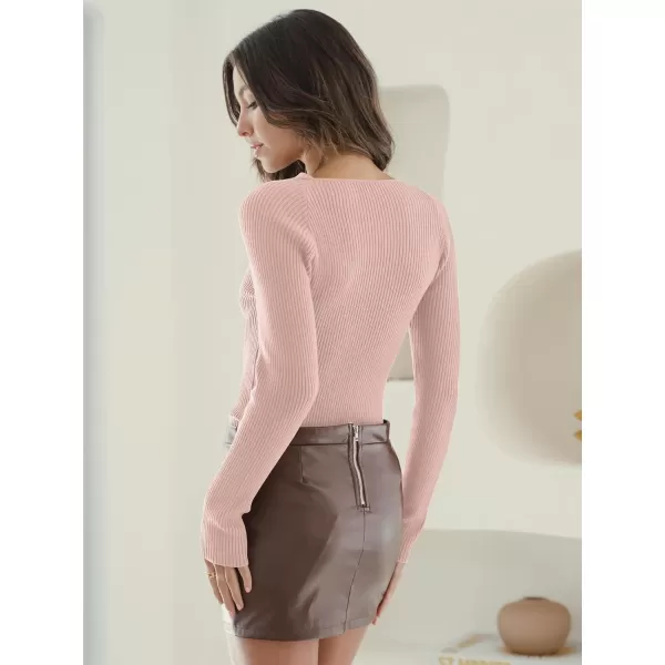 imageANRABESS Womens Twist Cutout V Neck Ribbed Knit Sweater Long Sleeve Soft Slim Fit Pullover Tops10pink