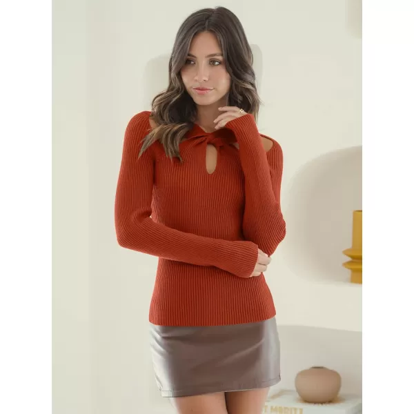 imageANRABESS Womens Twist Cutout V Neck Ribbed Knit Sweater Long Sleeve Soft Slim Fit Pullover Tops11rust