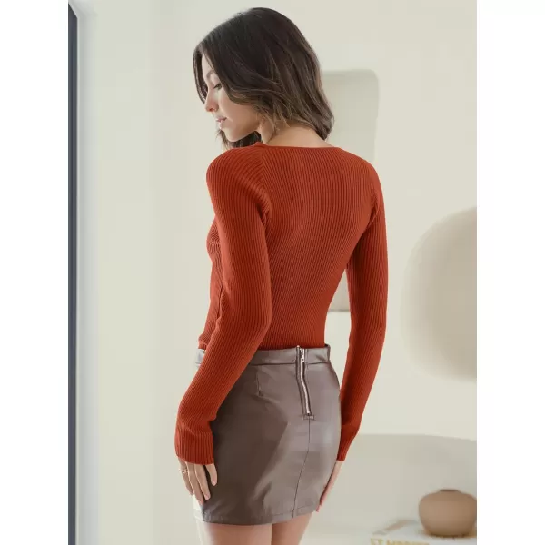 imageANRABESS Womens Twist Cutout V Neck Ribbed Knit Sweater Long Sleeve Soft Slim Fit Pullover Tops11rust