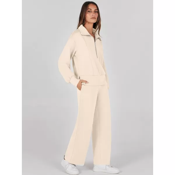 imageANRABESS Womens Two Piece Outfits 2023 Fall Sweatsuit Set Half Zip Cropped Sweatshirt Wide Leg Sweatpant Lounge SetApricot