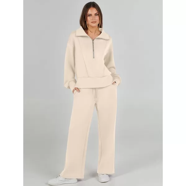 imageANRABESS Womens Two Piece Outfits 2023 Fall Sweatsuit Set Half Zip Cropped Sweatshirt Wide Leg Sweatpant Lounge SetApricot