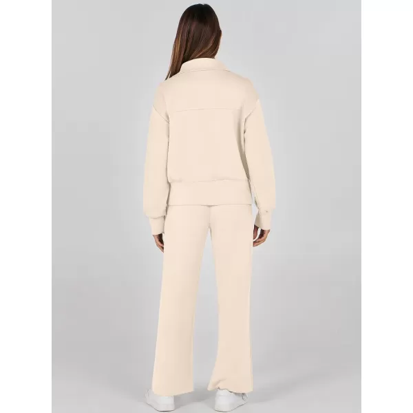 imageANRABESS Womens Two Piece Outfits 2023 Fall Sweatsuit Set Half Zip Cropped Sweatshirt Wide Leg Sweatpant Lounge SetApricot