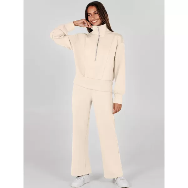 imageANRABESS Womens Two Piece Outfits 2023 Fall Sweatsuit Set Half Zip Cropped Sweatshirt Wide Leg Sweatpant Lounge SetApricot