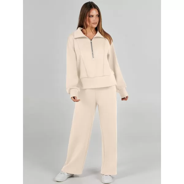 imageANRABESS Womens Two Piece Outfits 2023 Fall Sweatsuit Set Half Zip Cropped Sweatshirt Wide Leg Sweatpant Lounge SetApricot