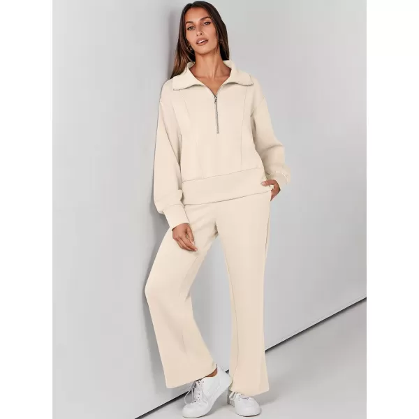 imageANRABESS Womens Two Piece Outfits 2023 Fall Sweatsuit Set Half Zip Cropped Sweatshirt Wide Leg Sweatpant Lounge SetApricot