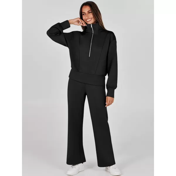 imageANRABESS Womens Two Piece Outfits 2023 Fall Sweatsuit Set Half Zip Cropped Sweatshirt Wide Leg Sweatpant Lounge SetBlack