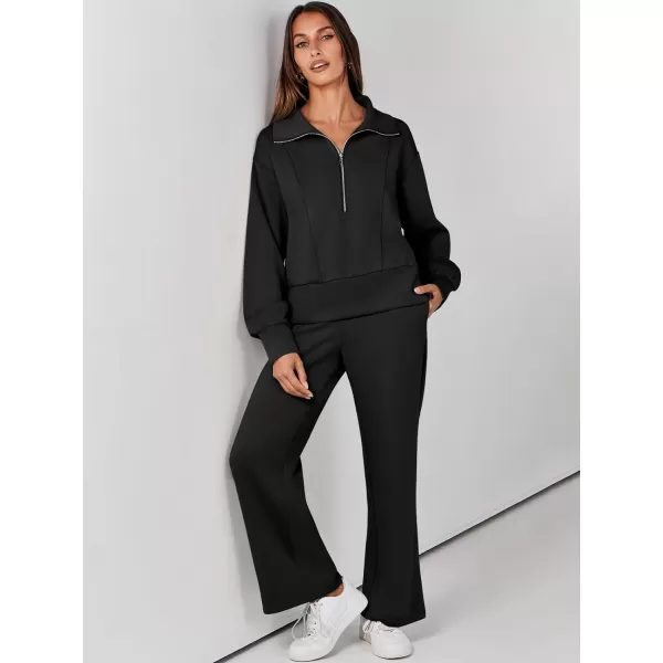 imageANRABESS Womens Two Piece Outfits 2023 Fall Sweatsuit Set Half Zip Cropped Sweatshirt Wide Leg Sweatpant Lounge SetBlack