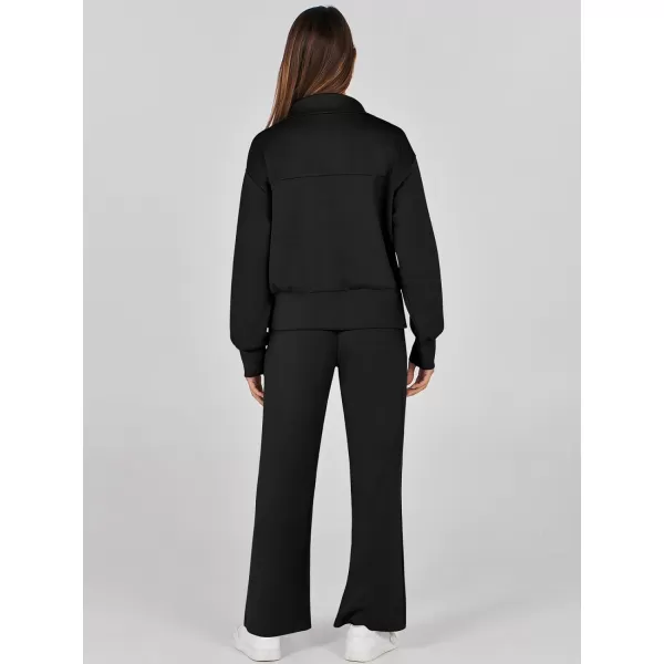 imageANRABESS Womens Two Piece Outfits 2023 Fall Sweatsuit Set Half Zip Cropped Sweatshirt Wide Leg Sweatpant Lounge SetBlack